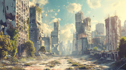 Post-Apocalyptic Cityscape with Overgrowth and Sunlight Illustration - obrazy, fototapety, plakaty