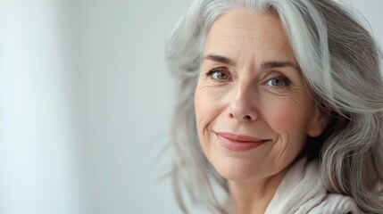 A close-up of a senior lady with a subtle smile, silver hair, and wise, kind eyes, exuding a calm and serene demeanor