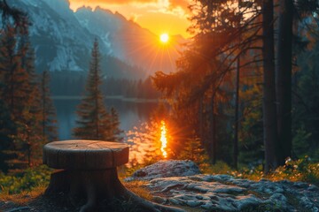 An awe-inspiring sunset view over a serene mountain lake surrounded by pine trees, emanating peace and natural beauty - Powered by Adobe
