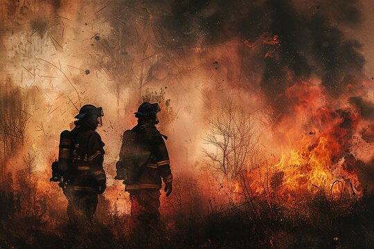 In this artwork, two firefighters stand facing a fire, depicted realistically with a blend of transparency, opacity, mechanical designs, photocollage elements, and cut-out silhouettes