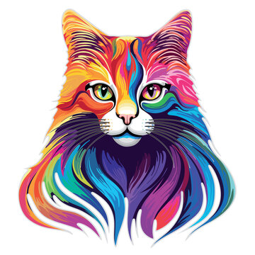 Cat Portrait Surreal Main Coon rainbow colors vector illustration isolated on white
