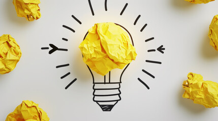 A crumpled piece of yellow paper forms the shape of a lightbulb against a white background, symbolizing a bright idea or creative concept. - obrazy, fototapety, plakaty