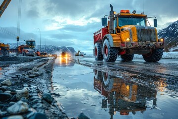 Evening road construction scene with heavy machinery and workers, reflecting lights creating a beautiful yet industrial atmosphere