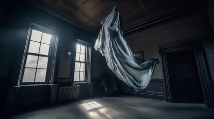 A mysterious and eerie headless suit suspended in mid-air against abandoned Victorian mansion interior
 - obrazy, fototapety, plakaty