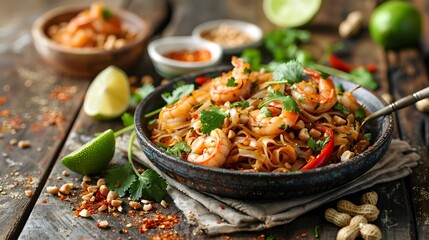 Thai Noodles with Shrimp and Lime in a Soft-focus Bowl - obrazy, fototapety, plakaty
