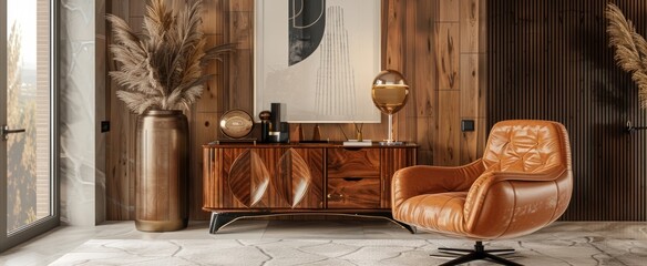 Modern interior of a luxurious living room, graced with a sophisticated wooden cabinet and an inviting armchair