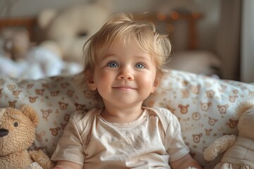 A baby sits among teddy bears, looking up with bright blue eyes and a delighted expression