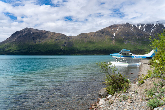 Lake Clark National Park, Alaska: Cessna seaplane on Upper Twin Lake, Twin Lakes near Dick Proenneke's cabin site, accessible by float plane, boat or snow machine. 