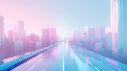 Foto op Canvas Futuristic pastel blue and pink city with a highway and skyscrapers, Futuristic aesthetic modern cityscape, Buildings and a road in the future, a 3d render of a smart city © M