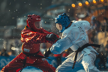 taekwondo sports fighters on a red and white uniform