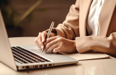 a businesswoman writes in an old notebook while sitting next to a laptop keyboard
