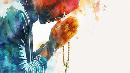 A man is praying, holding a rosary, wearing a pant shirt, with a white background and a watercolor style. - obrazy, fototapety, plakaty