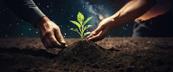 Expert hand of farmer checking soil health before growth a seed of vegetable or plant seedling, Business or ecology concept, In the background is the Milky Way galaxy. Stylish in the style of double - obrazy, fototapety, plakaty