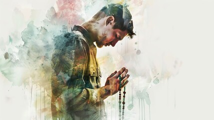 A man is praying, holding a rosary, wearing a pant shirt, with a white background and a watercolor style. - obrazy, fototapety, plakaty