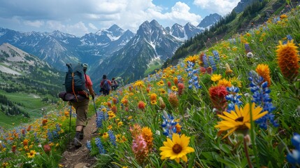 A breathtaking image of hikers trekking up a mountain trail - obrazy, fototapety, plakaty