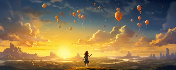 Fototapeten children's horizontal banner with space for text, a girl in a dress on a fairy meadow among flowers and looking at a fairytale landscape with balloons, sunset landscape, fantastic picture, concept of © Truprint