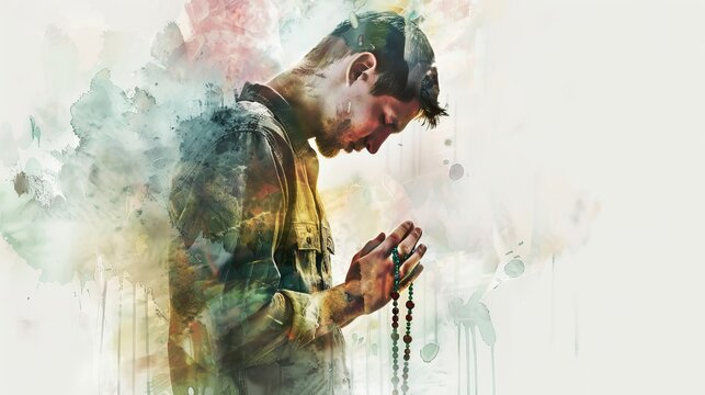 A man is praying, holding a rosary, wearing a pant shirt, with a white background and a watercolor style.