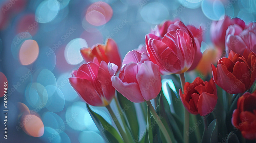 Aufkleber a bouquet of red and pink tulips with a blue background. the flowers are arranged in a way that they