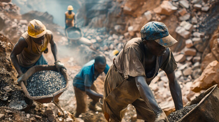 A group of men are working in a quarry, with one man wearing a hat and carrying a bucket