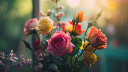 A bouquet of flowers with a mix of pink and yellow roses. The flowers are arranged in a vase and are placed on a table. Scene is cheerful and bright, as the colors of the flowers are vibrant
