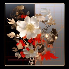 Illustration of a floral composition in white, red, black and brown