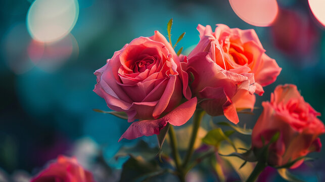 A bouquet of pink roses with a blue background. The roses are in full bloom and are the main focus of the image. The blue background adds a sense of calmness and serenity to the scene
