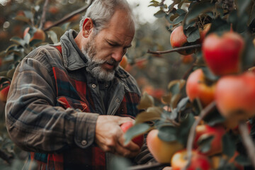 Close up of man picking apples during autumn harvest in orchard - obrazy, fototapety, plakaty