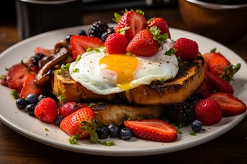 English breakfast on a plate, highlighting the golden yolk of the fried egg, crispy bacon