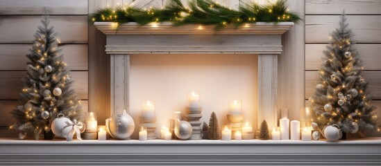 A white mantel is adorned with small potted fir trees, burning candles, and various festive Christmas decorations. The scene exudes warmth and holiday cheer against a wooden wall backdrop.