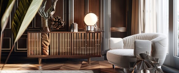 Modern interior of a stylish living room, featuring a beautifully crafted wooden cabinet and a plush armchair