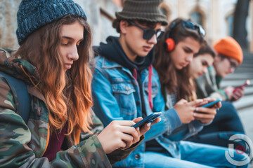 
Group of young people using smart mobile phone device outside - Teenagers addicted to social media - College students watching smartphone in university campus - Modern technology concept - obrazy, fototapety, plakaty