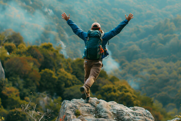  Happy man with arms up jumping on the top of the mountain - Successful hiker celebrating success on the cliff - Life style concept with young male climbing in the forest pathway