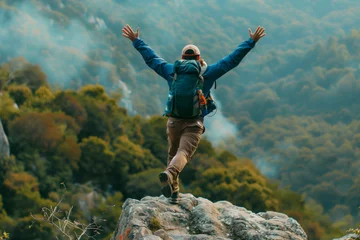 Wall murals Road in forest  Happy man with arms up jumping on the top of the mountain - Successful hiker celebrating success on the cliff - Life style concept with young male climbing in the forest pathway