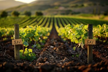 Warmed by the sunset, rows of grapevines in a vineyard represent growth and the wine industry