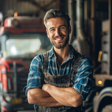Happy mechanic with arms crossed at truck repair workshop looking at camera