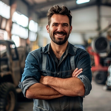 Happy mechanic with arms crossed at truck repair workshop looking at camera