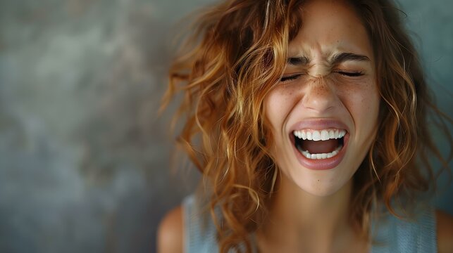A displeased woman trying to stifle her laughter in an awkward moment. Concept Portrait Photography, Emotion Capture, Humorous Expression
