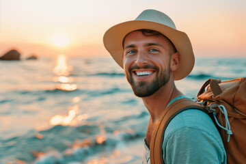 
Portrait of cheerful caucasian young man with hat and backpack enjoying sunset at the beach - Laughing guy having fun outside - Well being, healthy life style and traveling concept
