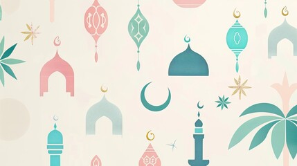 white background minimal, simple less details, Ramadan inspired shapes in graphic form with white background, pastel blue green and pink colors, monotone limited, shading mid century illustration, - obrazy, fototapety, plakaty
