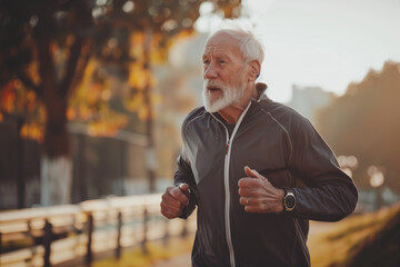 Senior man going for a run and living a healthy lifestyle for longevity - obrazy, fototapety, plakaty