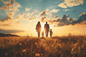 
Silhouette of happy family walking in the meadow at sunset - Mother, father and child son having fun outdoors enjoying time together - Family, love, mental health and happy lifestyle concept - obrazy, fototapety, plakaty
