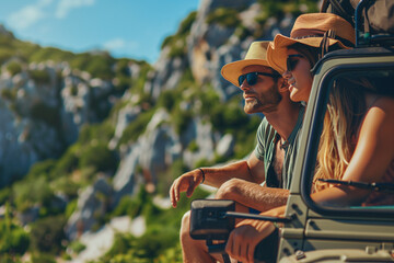 
Young couple on a off road adventure excursion outside - Joyful tourists enjoying weekend activity on summer vacation - Tourism tour activities, transportation and summertime holidays concept - obrazy, fototapety, plakaty