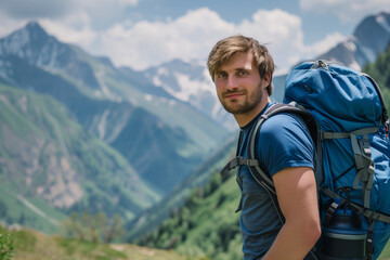Naklejka premium Young hiker man taking selfie portrait on the top of mountain - Happy guy smiling at camera - Tourism, sport life style and social media influencer concept