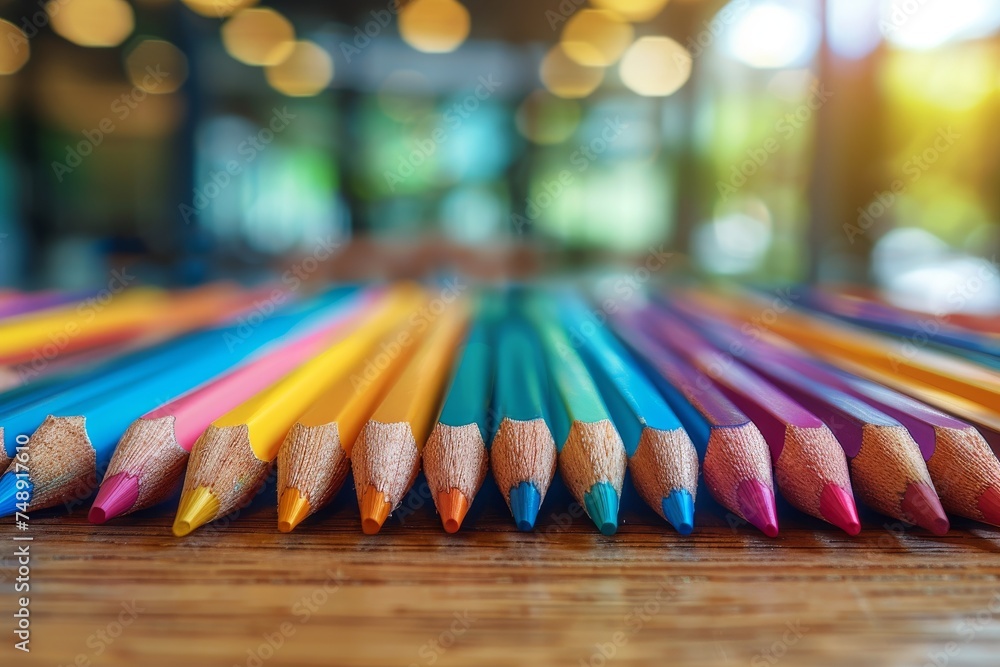 Poster Vibrant array of colored pencils neatly lined up on a wooden table with a shallow depth of field