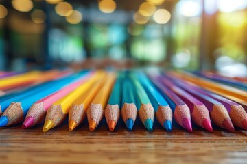 Vibrant array of colored pencils neatly lined up on a wooden table with a shallow depth of field