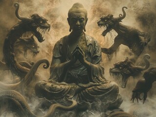 Ghostly Buddha amidst monsters and aliens, revealing the nightmare of existence