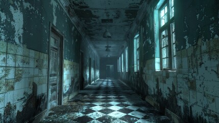 Survival horror game scene, abandoned asylum, chilling
