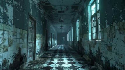 Fotobehang Survival horror game scene, abandoned asylum, chilling © Thor.PJ