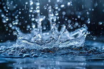 Detailed image showcasing water droplets mid-air forming a beautiful splash on a dark blue background