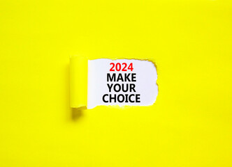 2024 Make your choice symbol. Concept words 2024 Make your choice on beautiful white paper. Beautiful yellow background. Business 2024 Make your choice concept. Copy space